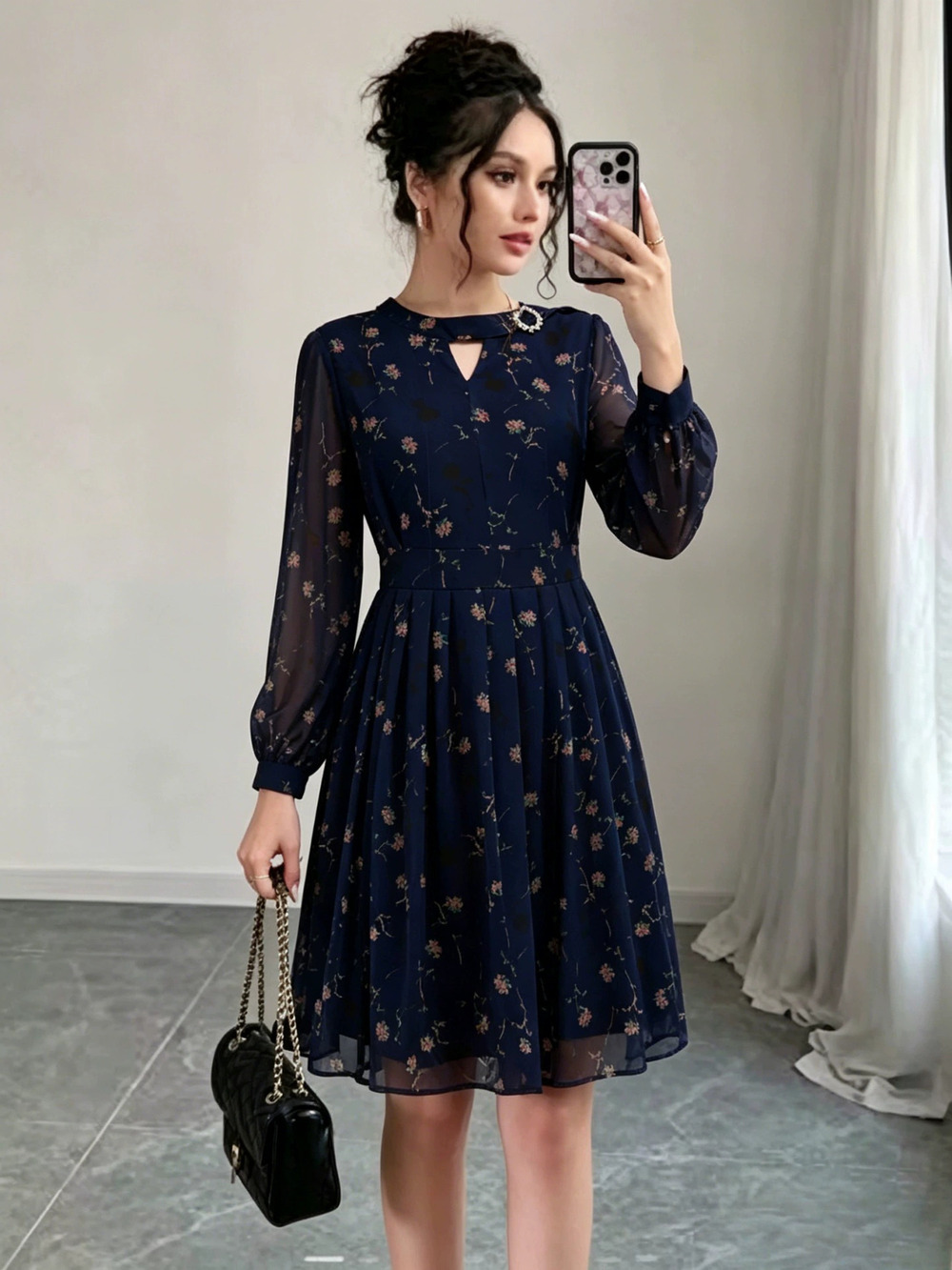 ZARA Rhinestone Blue Printed Chiffon Long Sleeve Midi Dress